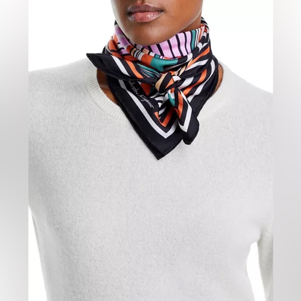 Salvatorre Ferragamo Gancio Ribbon Print Silk Scarf Foulard